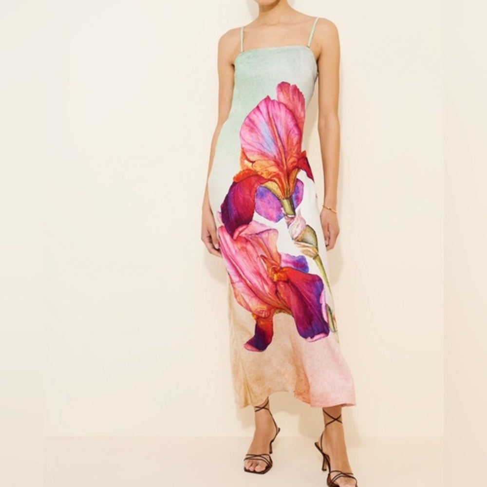 ANTHROPOLOGIE Silky Chloe Floral Slip Dress with Pink and Green Pattern small